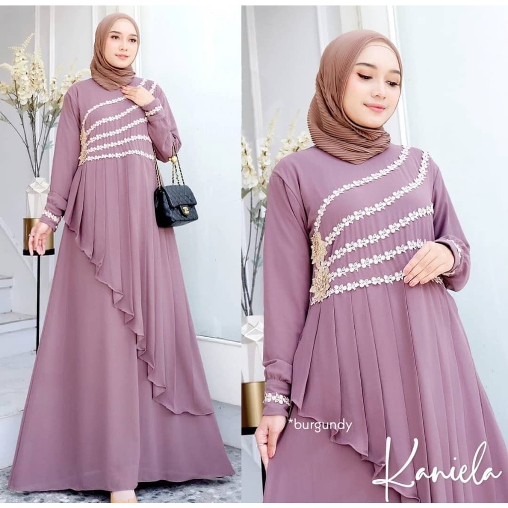 Gamis wanita KANIELA DRESS BAHAN CERUTY BABYDOLL APLIKASI RENDA LD 100 CM Gamis wanita terbaru 2023 Dress wanita kekinian Maxy dress wanita jumbo Baju muslim wanita modern Dress ceruty babydoll premium