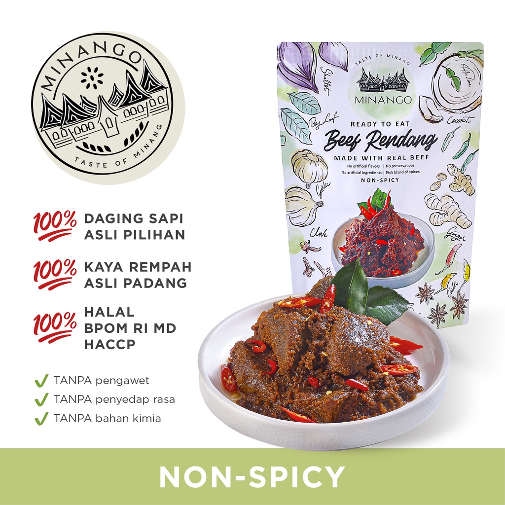 

Minango - Rendang Daging Sapi Premium Non Spicy 200 gram Asli Padang Khas Minang Randang Siap Saji Ready To Eat Basah Halal BPOM MUI SNI