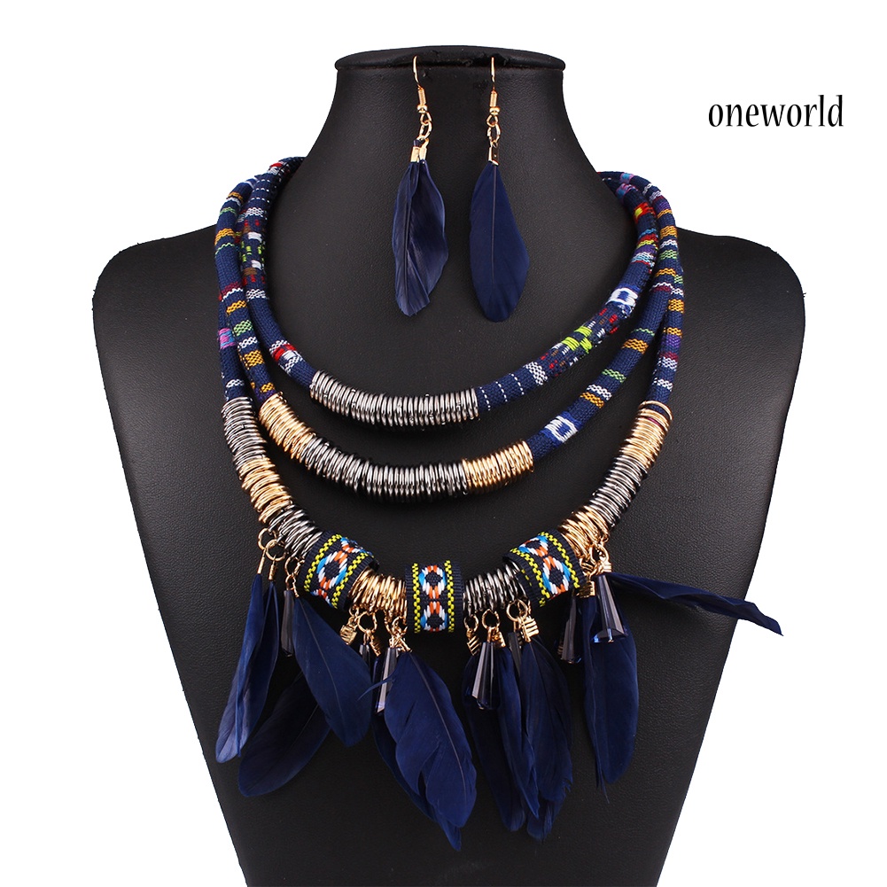 OW@ 2Pcs Feather Tassel Charm Multilayer Choker Lady Statement Necklace Earrings Set