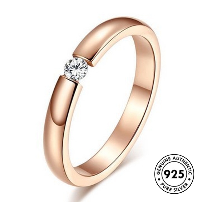 Cincin Berlian Tunggal Bahan S925 Silver Warna Rose Gold Glossy Untuk Pasangan