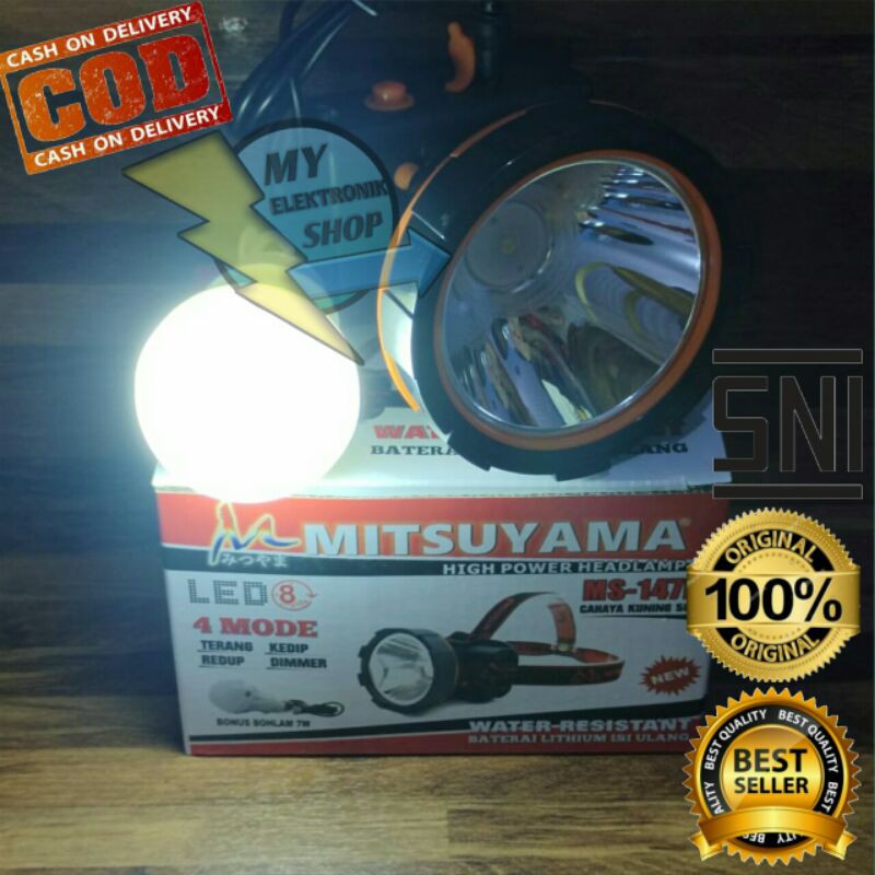 Senter Kepala 50Watt LED Cahaya Kuning MITSUYAMA Headlamp LED 50W Senter kepala Dimmer Water Resistant Ms-147K Free bohlam