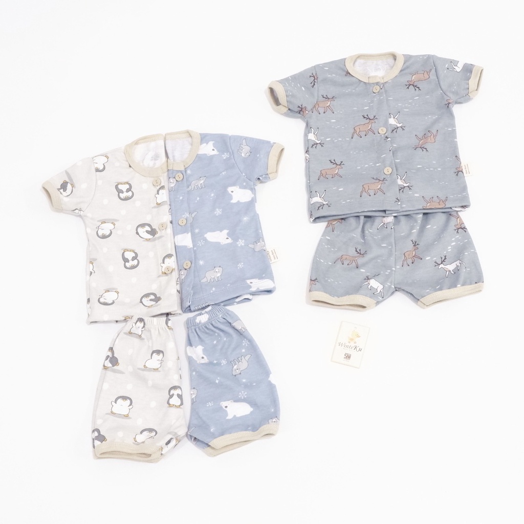 Winteku Baju Setelan Pijama Pendek Kancing Depan Bayi Motif Artic New Born 1 2 Tahun