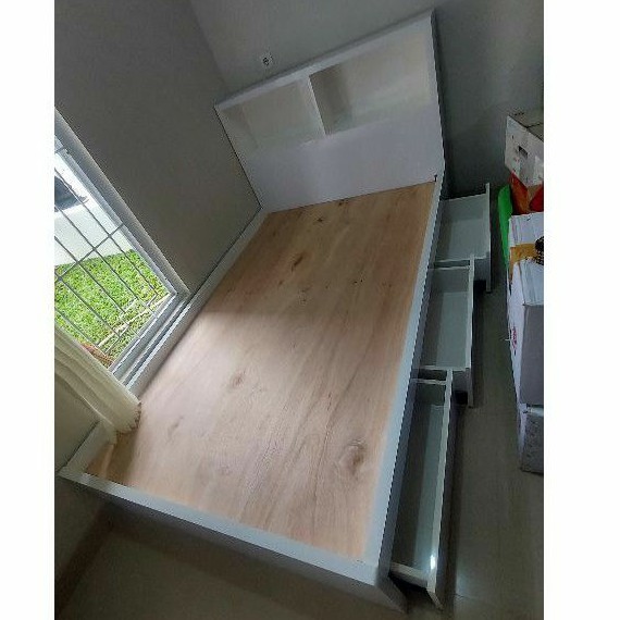 dipan ranjang laci kayu hpl springbed 120x220 putih custom