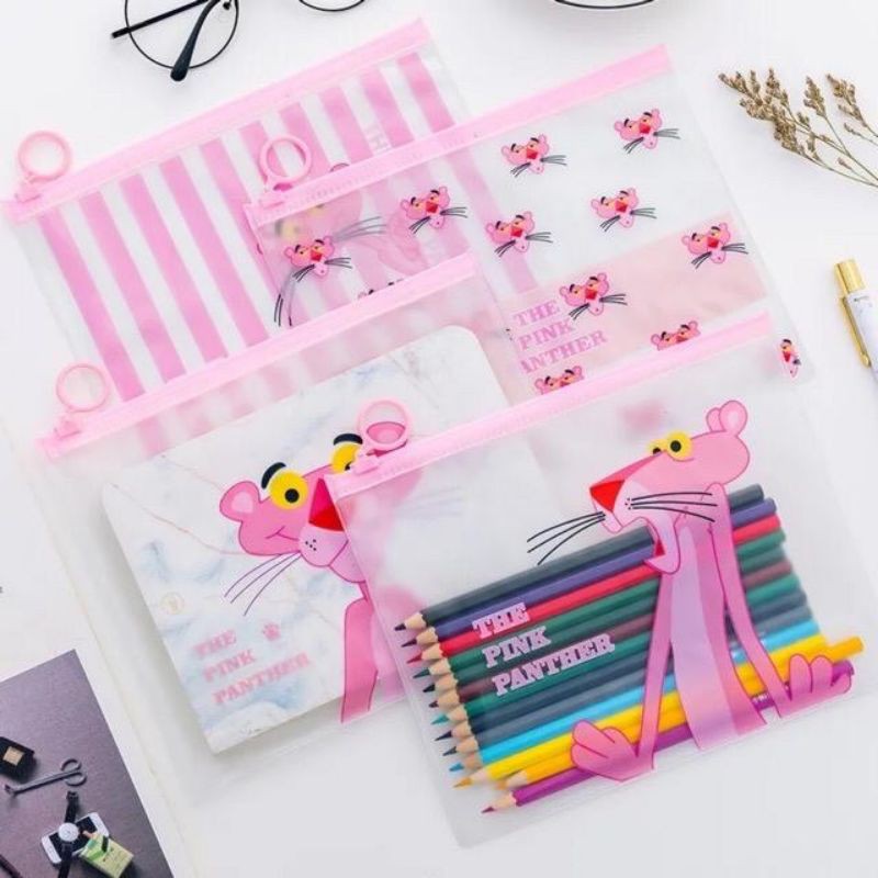 ZIPPER BAG TRANSPARAN PINK PANTHER/TEMPAT PENSIL POUCH FOLDER A5