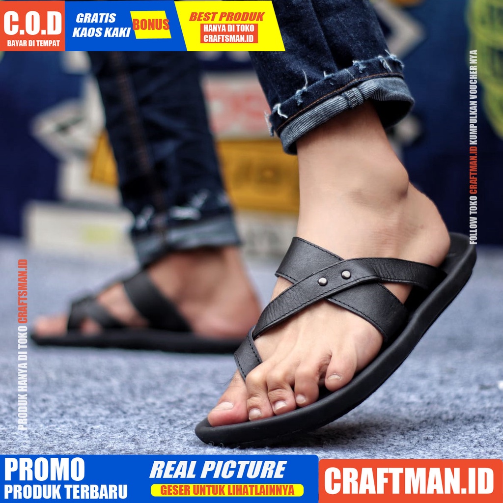 CRAFTS WIROS SANDAL KULIT PRIA BLACK BROWN SENDAL CASUAL JEPIT PRIA