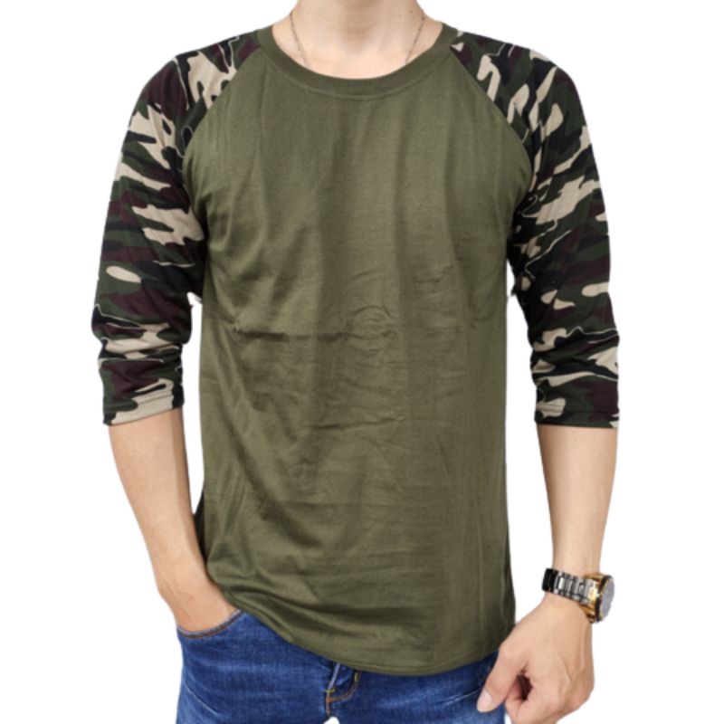 Kaos Senam Loreng Pria Wanita Lengan 3/4 Kaos Army Lengan Loreng Ukuran M L XL XXL