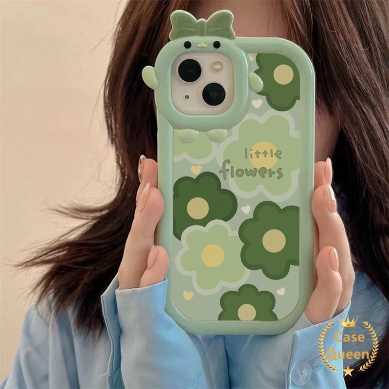 Casing Oppo A17 A95 A16K A16E A52 A92 A96 A7 A5S A12 A3S A12E A53 A74 A17K A76 Reno 5 5F 4F A55 A16s A15 A15s A16 A57 A5 A9 A54 A31 Bow-knot Little Monster Fresh Green Flower Case