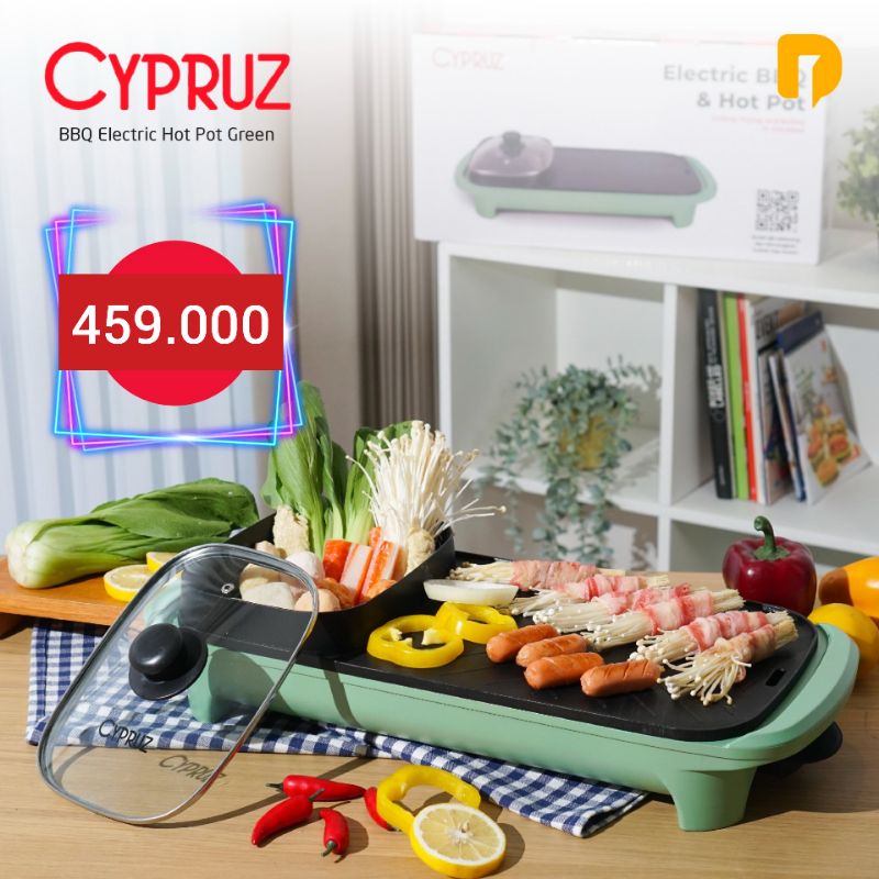 Alat Panggang Barbeque & Shabu-Shabu - Cypruz BBQ Electric Hot Pot Green