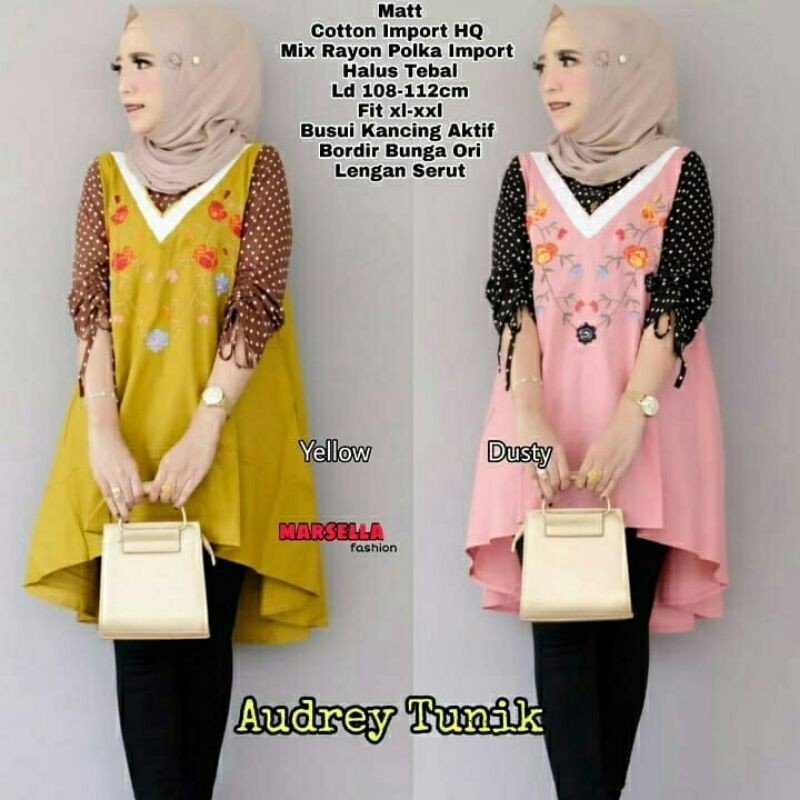 Audrey Tunik kuning YELLOW Katun import bordir rayon polka XXL jumbo polkadot atasan cewek terlaris