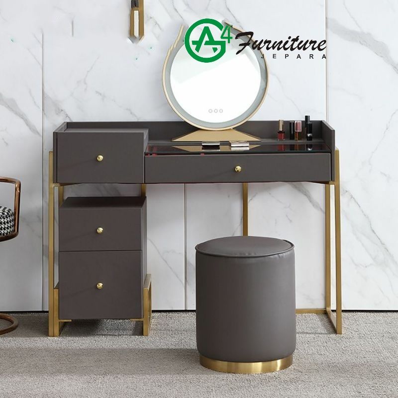 Meja Rias Minimalis DarkGrey Rangka Besi - Kayu Mahoni