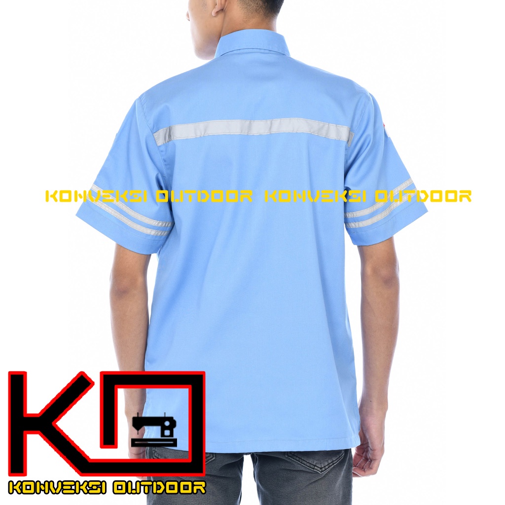 KEMEJA WEARPACK BAJU SAFETY K3 OUTDOOR INDOOR - Seragam Kemeja Kerja Lapangan Lengan Pendek Proyek Bangunan Tambang Alat Berat PLN Enginer Instalasi Mesin werpek sefti Scotlit Warna Biru Muda Konveksi Outdoor