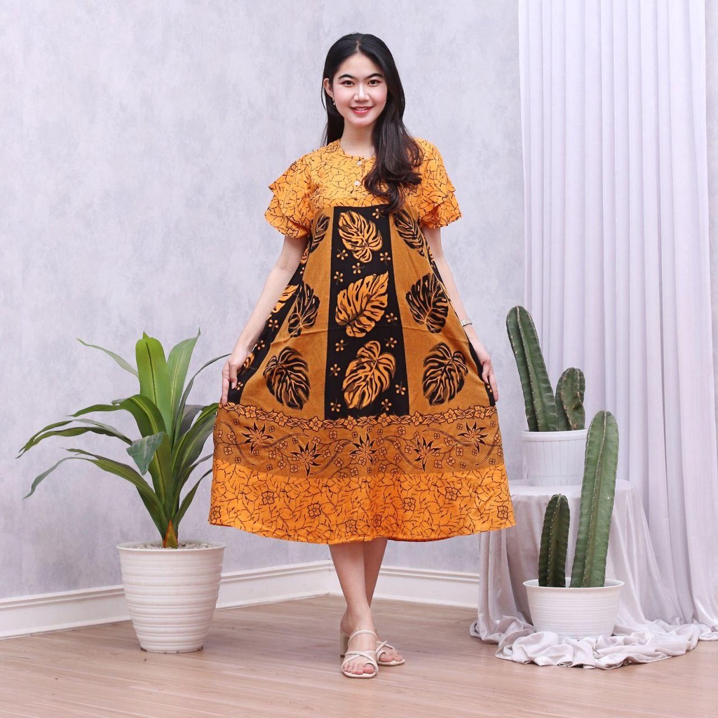 Daster Batik Lengan Pendek - Motif Daun - Leher Kancing (DPT001-133) Batik Prass-HADLEY KUNING