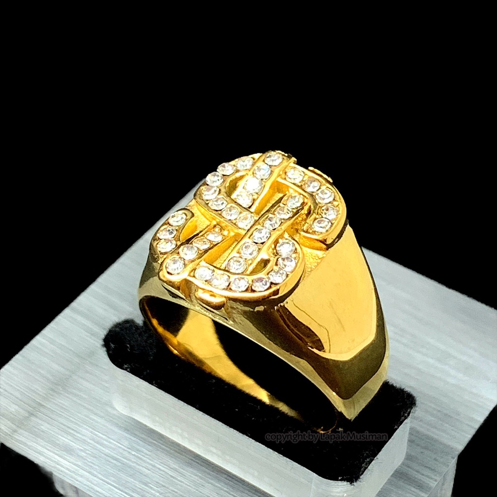 Cincin Titanium Pria Batu Full Berlian Diamond Gold Model Dollar