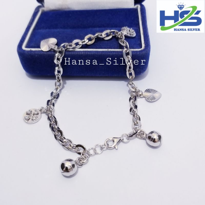 Gelang Perak Asli Silver Tangan Wanita 925 Lapis Emas Putih Rantai Nori Hollo Kopong Gantungan Love - Gelang Perak Wanita Anti Karat