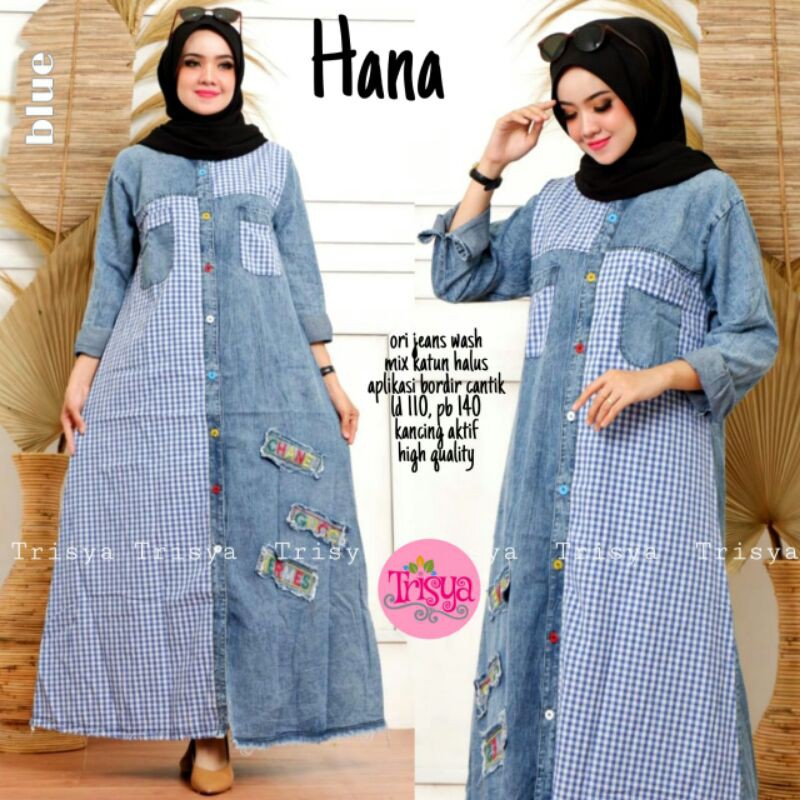 gamis muslimah hana bahan denim. baju muslim jeanswash mix katun hana