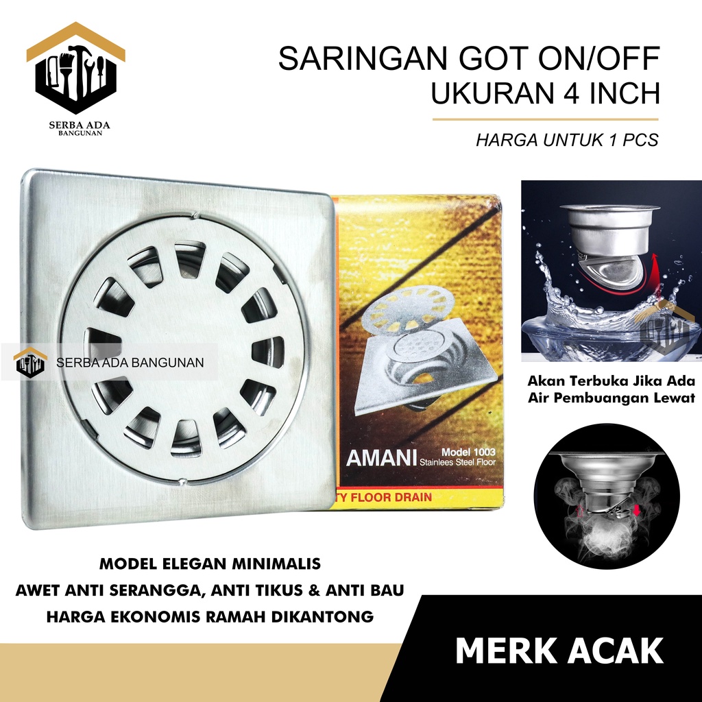 Floor Drain Sargot Kuningan Stainless - 4 Inch Model On Off ( OTOMATIS BUKA TUTUP) SARINGAN GOT ANTI BAUT KECOA