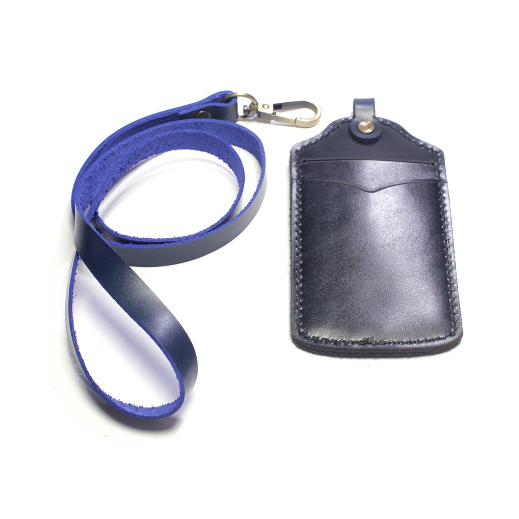 gantungan dompet ID card holder kulit hitam - tali id biru - PHID899