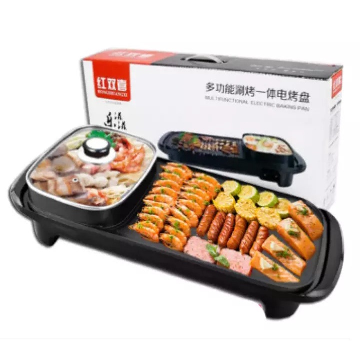 Rumah_kita2020 Elektrik 2 in 1 Teppanyaki Jumbo Panjang Pan Shabu 1246- Steamboat BBQ Grill Pan HOT POT BBQ 2 IN 1 BAKAR BAKSO Sate Sosis Rebus Goreng Bakar Panci Listrik Barbeque Steamboat Teppanyaki Panggangan