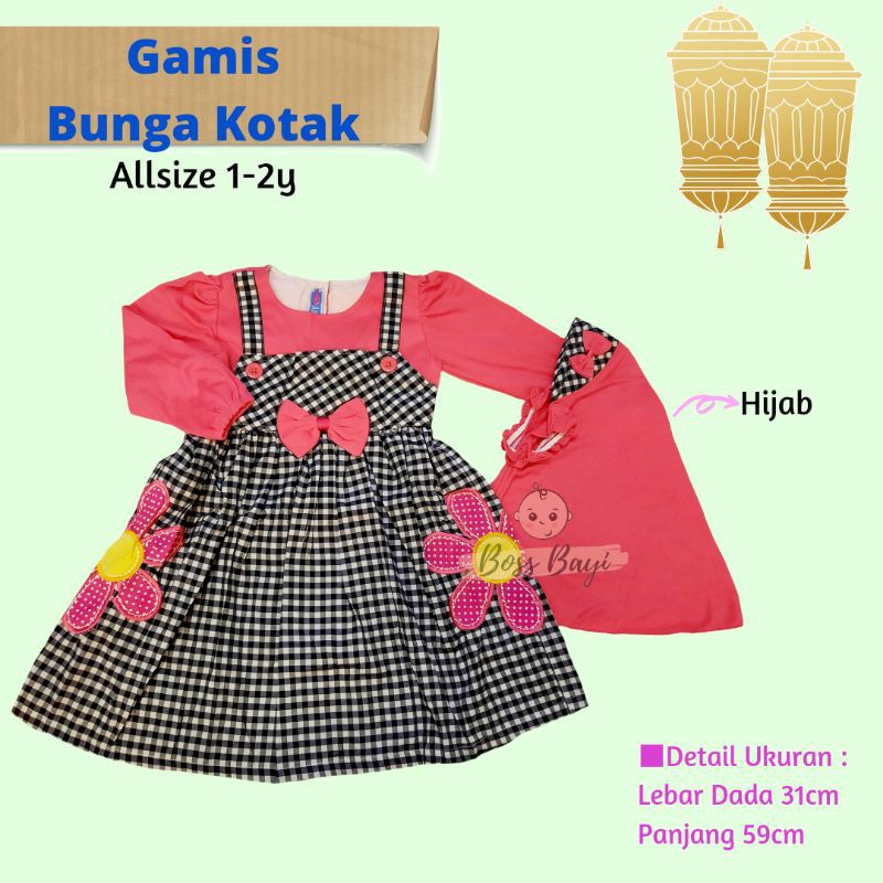 Gamis Hijab Anak Bunga Kotak Lucu Cantik / Dress Lebaran Anak