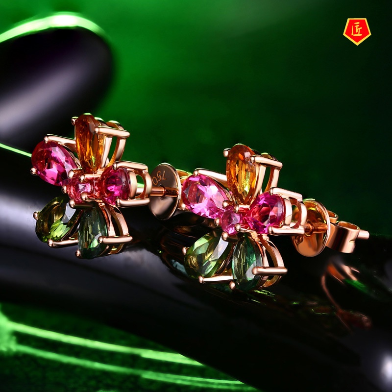 [Ready Stock]18K Rose Gold Diamond Colored Gemstone Earrings Fashion