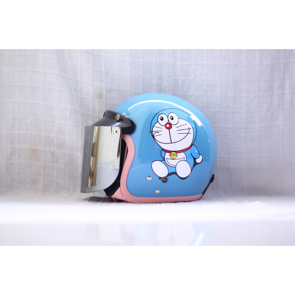 HELM BOGO CAMELIA PASTEL DORAEMON DEWASA KACA DATAR SILVER-blue tosca