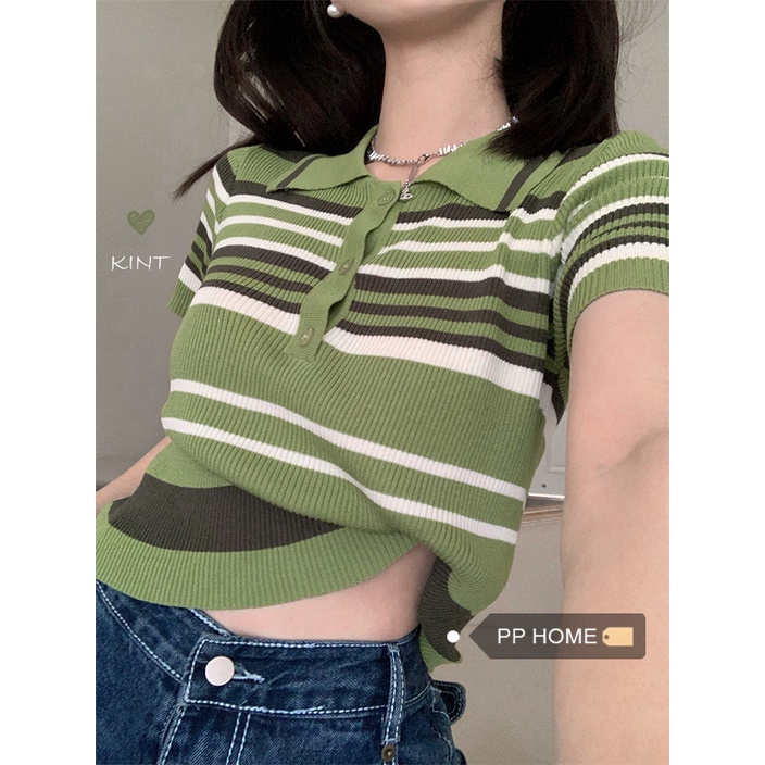 Atasan Rajut Stripe Shirt Lengan Pendek Wanita Collar Knit Top Korea