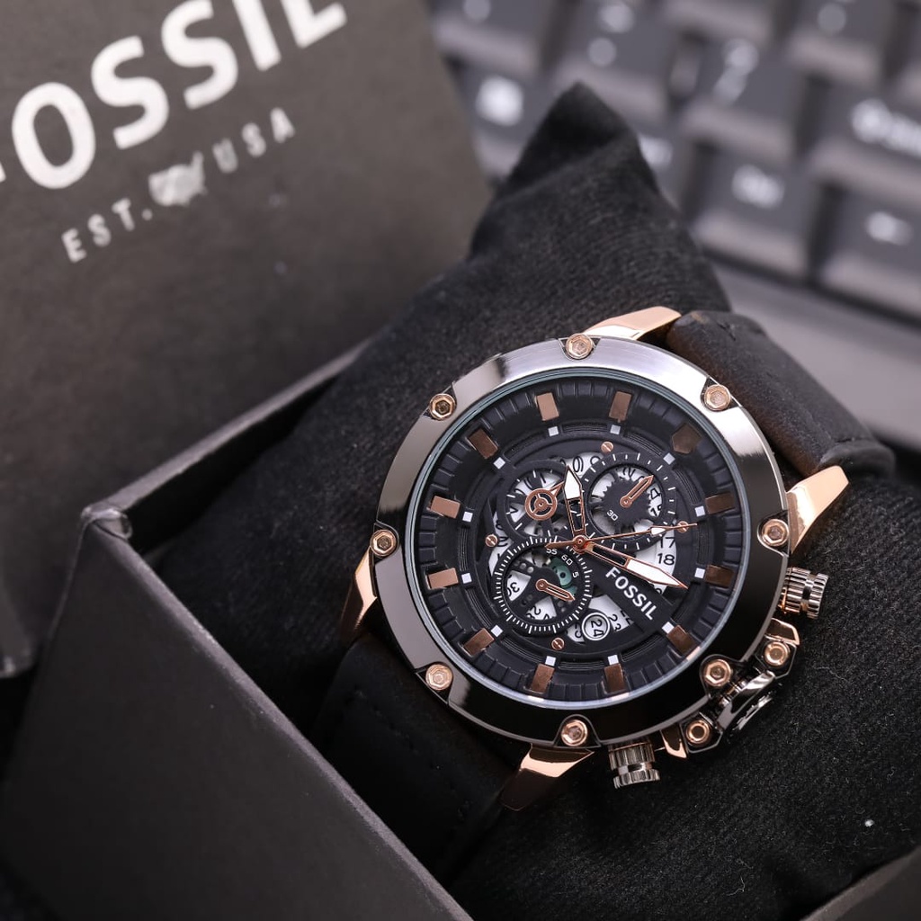 Best Seller  Jam Tangan Pria Fx 5100-TL Tali Kulit Chrono Hiasan Tanggal Aktif Free Box Ori dan Bate
