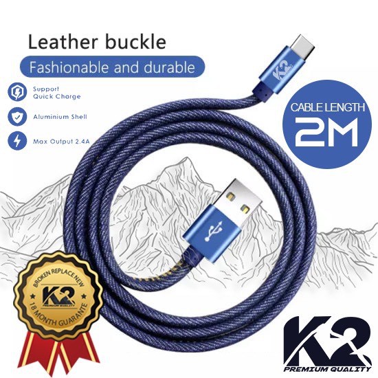 KABEL DATA DENIM 2 METER K2-C07 K2 PREMIUM QUALITY MICRO / TYPE C / Lightning Fast Charging 2.4A [fs]