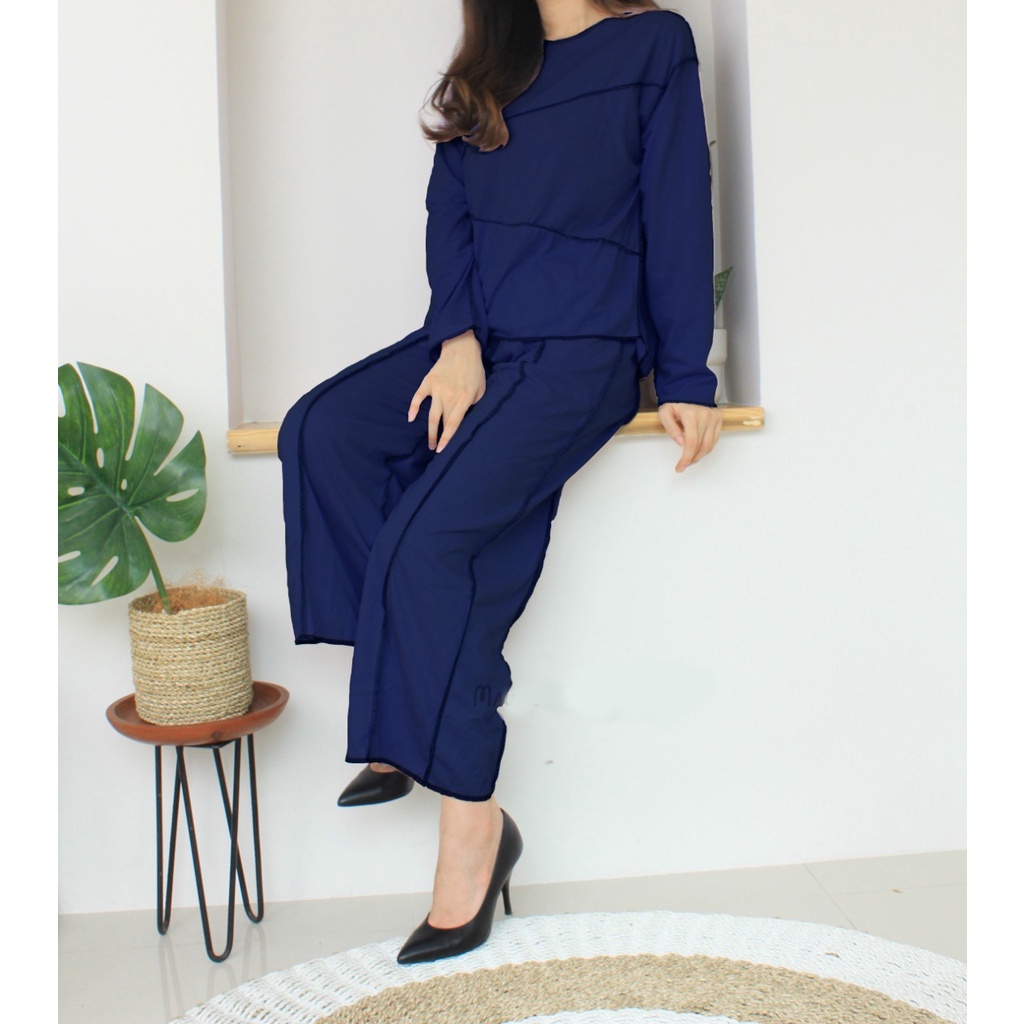 One set terbalik stelan oversize tshirt longsleeve kulot pants fashion terbaru wanita-Navy