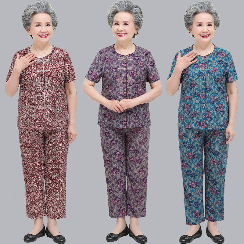 Baju Musim Panas Wanita Setelan Celana Dua Potong untuk Usia Paruh Baya dan Lansia dengan Ukuran Bes