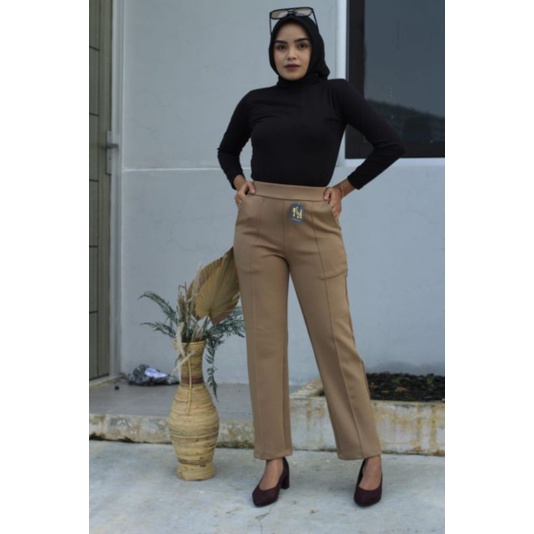 3A Fashion - Celana Standar List High Waist Scuba Premium Pinggang Full Karet