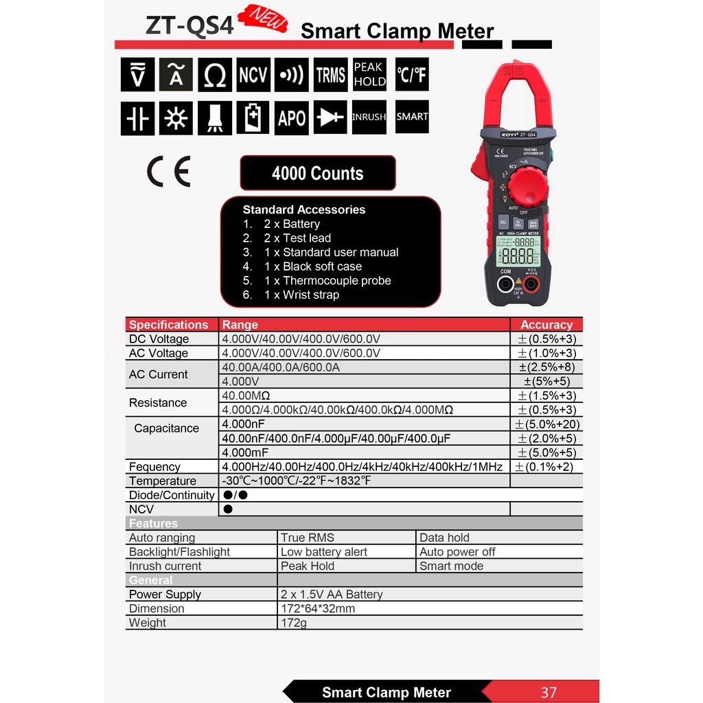 ZOYI ZT-QS4 Tang Amper True Rms 4000 Count AC Current Diode NCV Auto