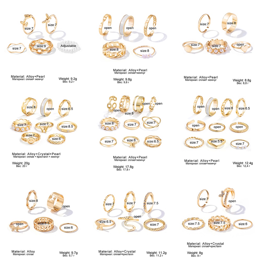 AY(CN) Set Cincin Desain Kupu-Kupu Hati Aksen Mutiara Warna Emas Dan Silver Gaya Korea Untuk Wanita