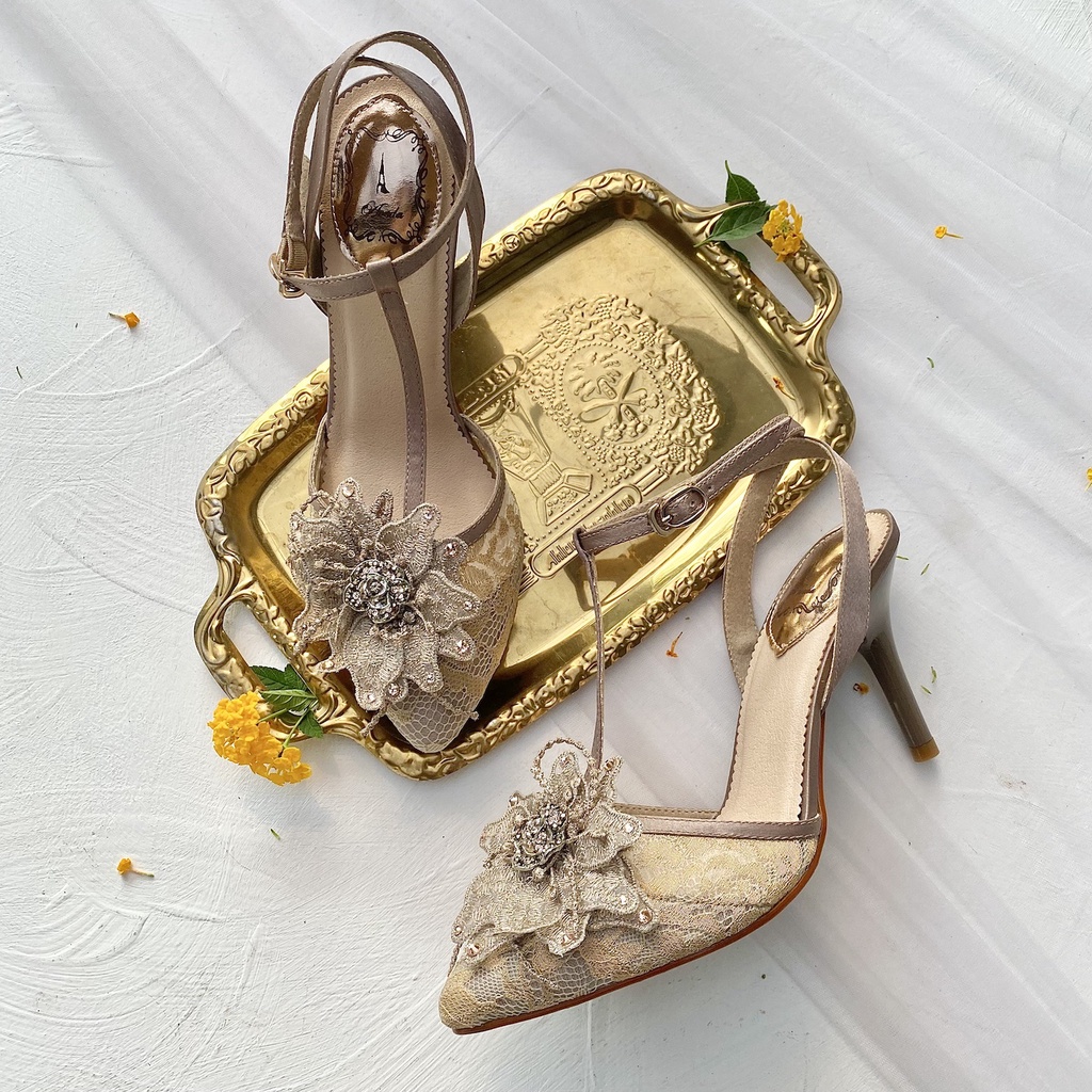 Khaki Brown T-Strap Sandal Sepatu Pesta Wanita Stiletto Heels 9cm AVEDA FA6090 SALE CUCI GUDANG READ