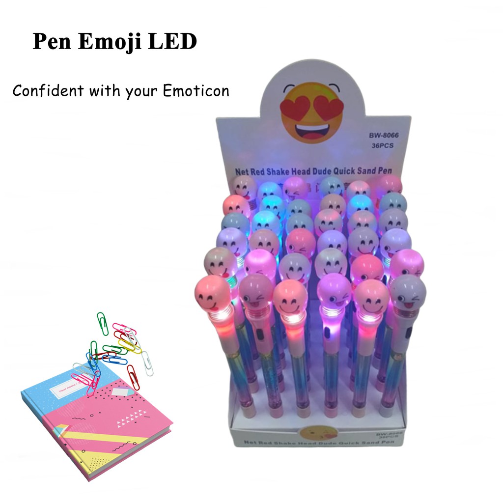 

Pena Emoji LED dan Non LED Gliter Pena Pulpen Karakter Emotion Goyang Bouncing Spring Doll