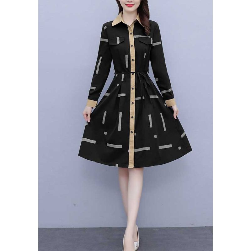 Dress wanita hitam motif garis Korea lengan panjang  elegant