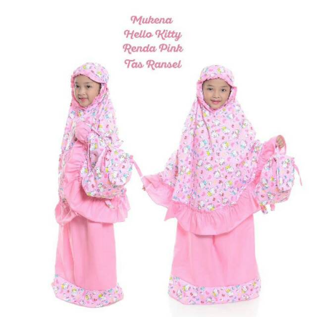 MUKENA TELEKUNG RUKUH KADO ANAK HELLO KITTY RENDA PINK SET TAS RANSEL GROSIR TASIK TASIKMALAYA MURAH