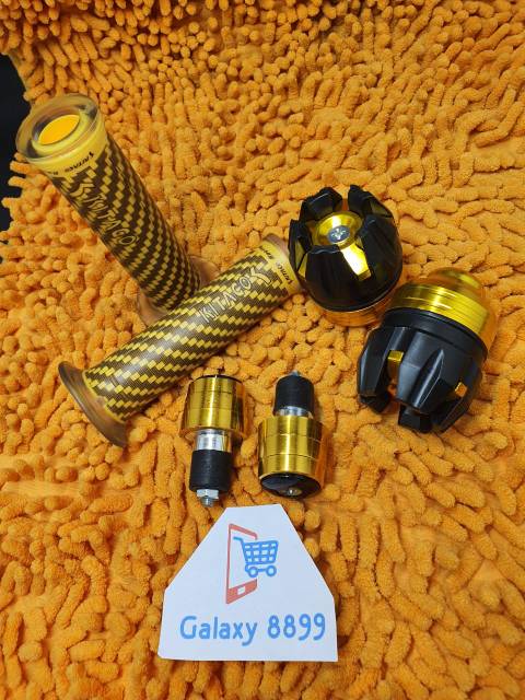 Handgrip karbon kitaco + Jalu As roda depan + Jalu stang gold universal