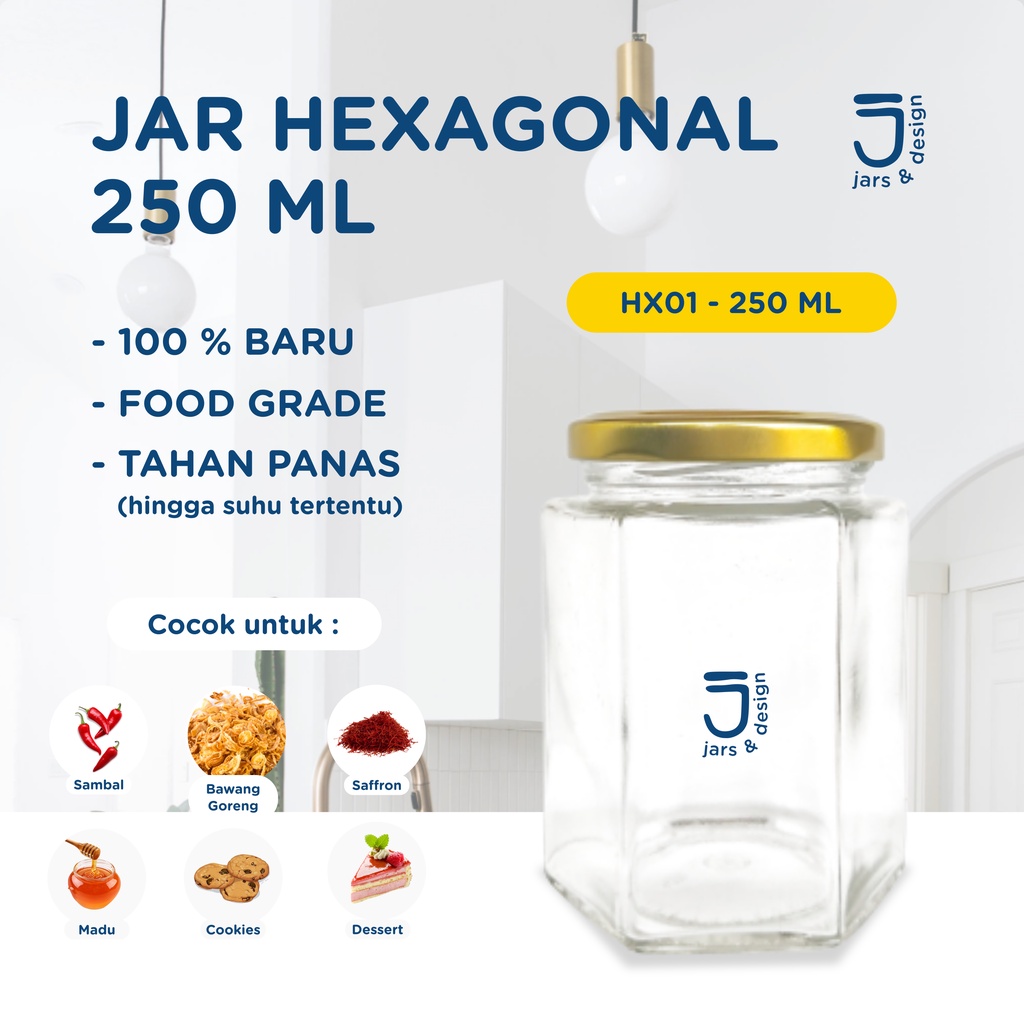 HX01 - Jar Kaca Hexagonal 250ml / Toples Kaca Hexagonal 250ml