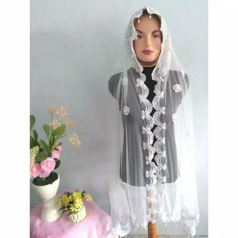 Slayer Pengantin / Hijab Pengantin / Veil Pengantin / Selendang Pengantin / Selendang Ibu Besan / Selendang Akad / Kerudung Bordir Mutiara-3