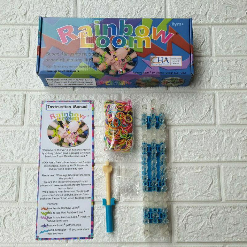 Mainan edukasi anak DIY Rainbow Loom + hook plastik + karet karet gelang loomband