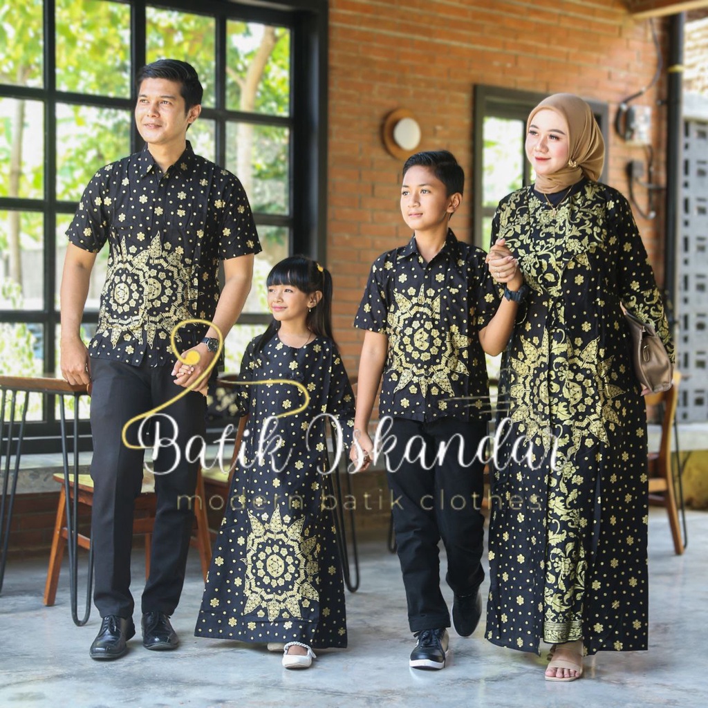 Baju Gamis set Keluarga Kemeja Pendek Batik Iskandar Motif Prada Matahari