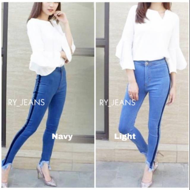 Celana jeans wanita jeans kolor skinny jeans street rawis strip