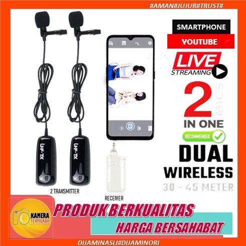 Microphone Mic Clip On Wireless Dual UHF 50 Meter Smartphone HP