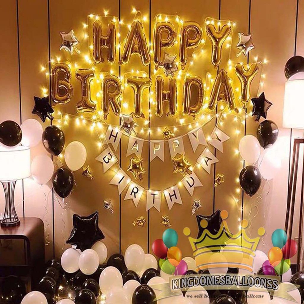 Balon Foil Dekorasi Ulang Tahun Black Gold White Simple | Happy Birthday Black Gold White