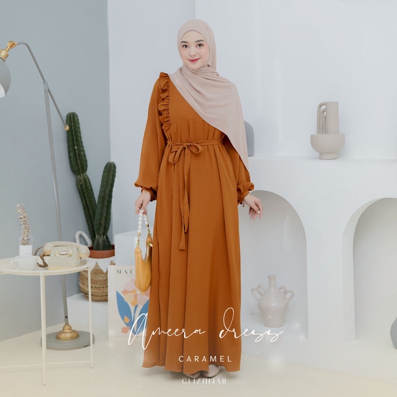 GlizHijab | Ameena Dress | Gamis Remaja Muslimah Terbaru Fashion Wanita Gamis Cringkle Ukuran XS - JUMBO-Caramel