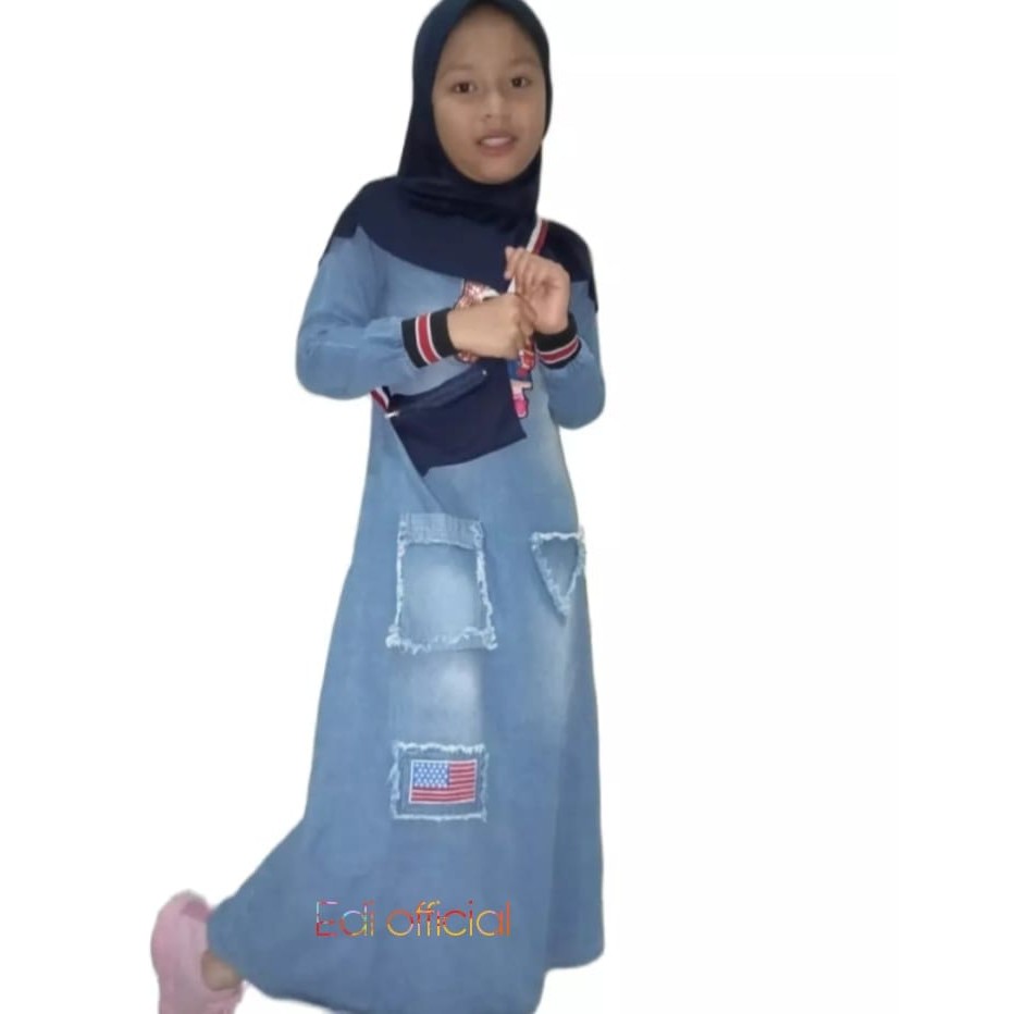 Terlari - Gamis Terbaru -Gamis Jeans Anak LOL 2-10 thn Free Tas + Kerudung