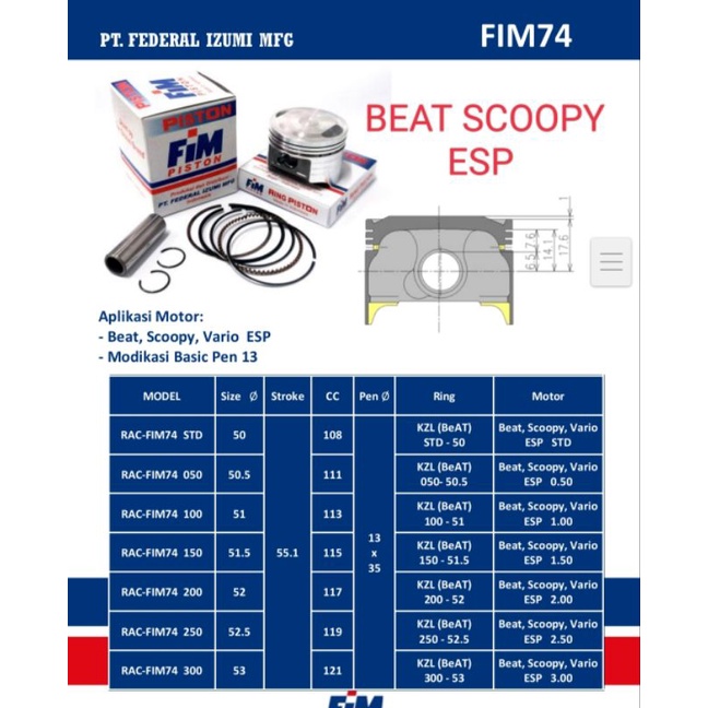 PISTON FIM IZUMI BEAT Fi ESP SCOOPY Fi ESP VARIO 110 Fi ESP SET LENGKAP PLUS RING HARIAN DAN BORE UP