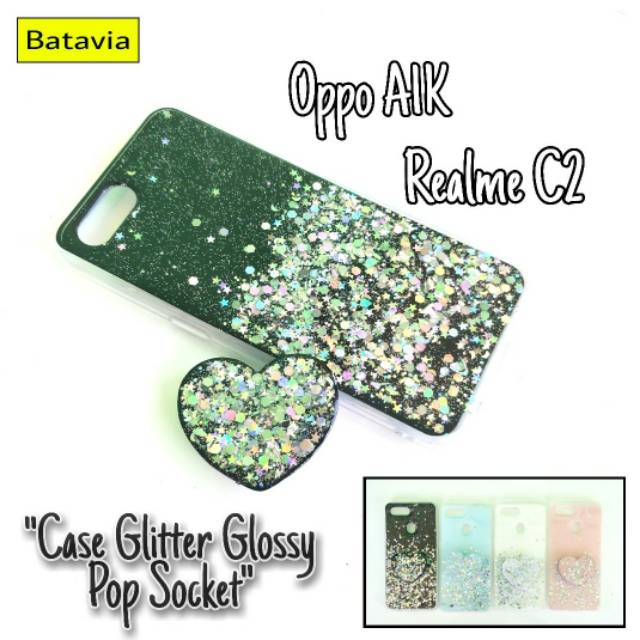 Case Glitter Glossy Plus Pop Socket Oppo A1K / Realme C2