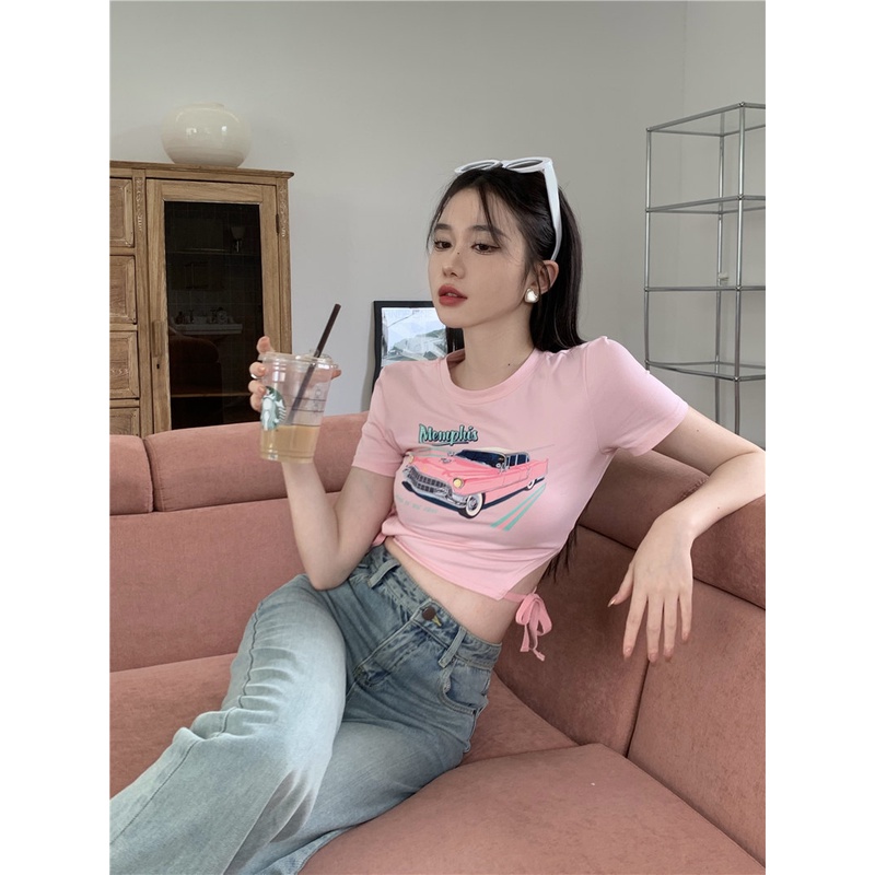 T-shirt renda wanita musim panas pink manis babes lengan pendek retro print ketat celah tipis croppe